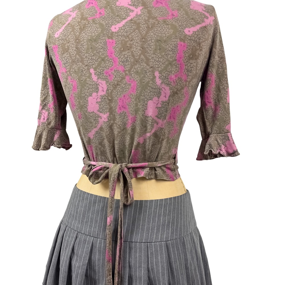 Diane von Furstenberg 100% Silk Wrap Top Ruffle Trim Floral Brown Vintage S - Picture 4 of 12